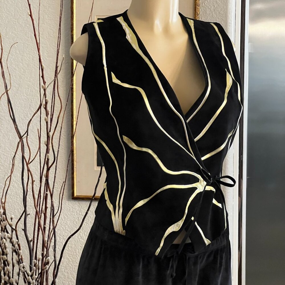 Terry&Toni 80's Black Suede Vest/Top w/Gilded Gold&White splatter Drip ArtWork